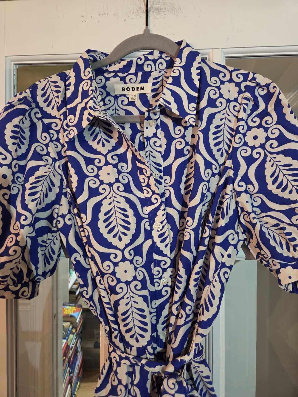 Boden Blue Printed Short-Sleeve Maxi Dress with Tie Waist - Size 14R - Picture 2 of 10